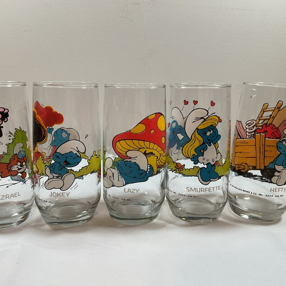 Smurfs Set of 5 Drinking Glasses by Peyo Lic. Wallace Bertie & Co. Vintage‎ 1982
